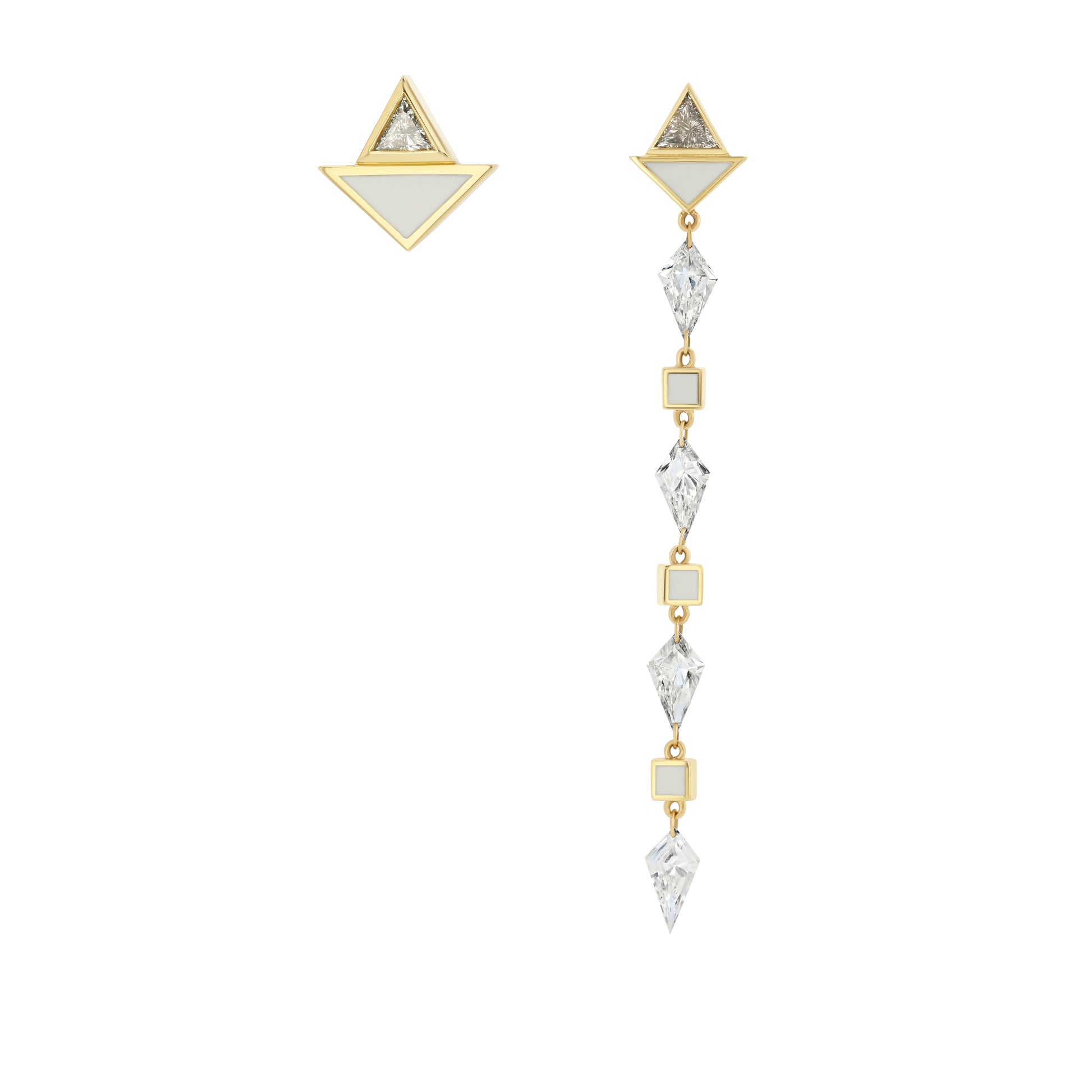 A pair of asymmetric drop earrings with 18k yellow gold and adorned with custom cut kite diamonds and trillion cut diamonds.