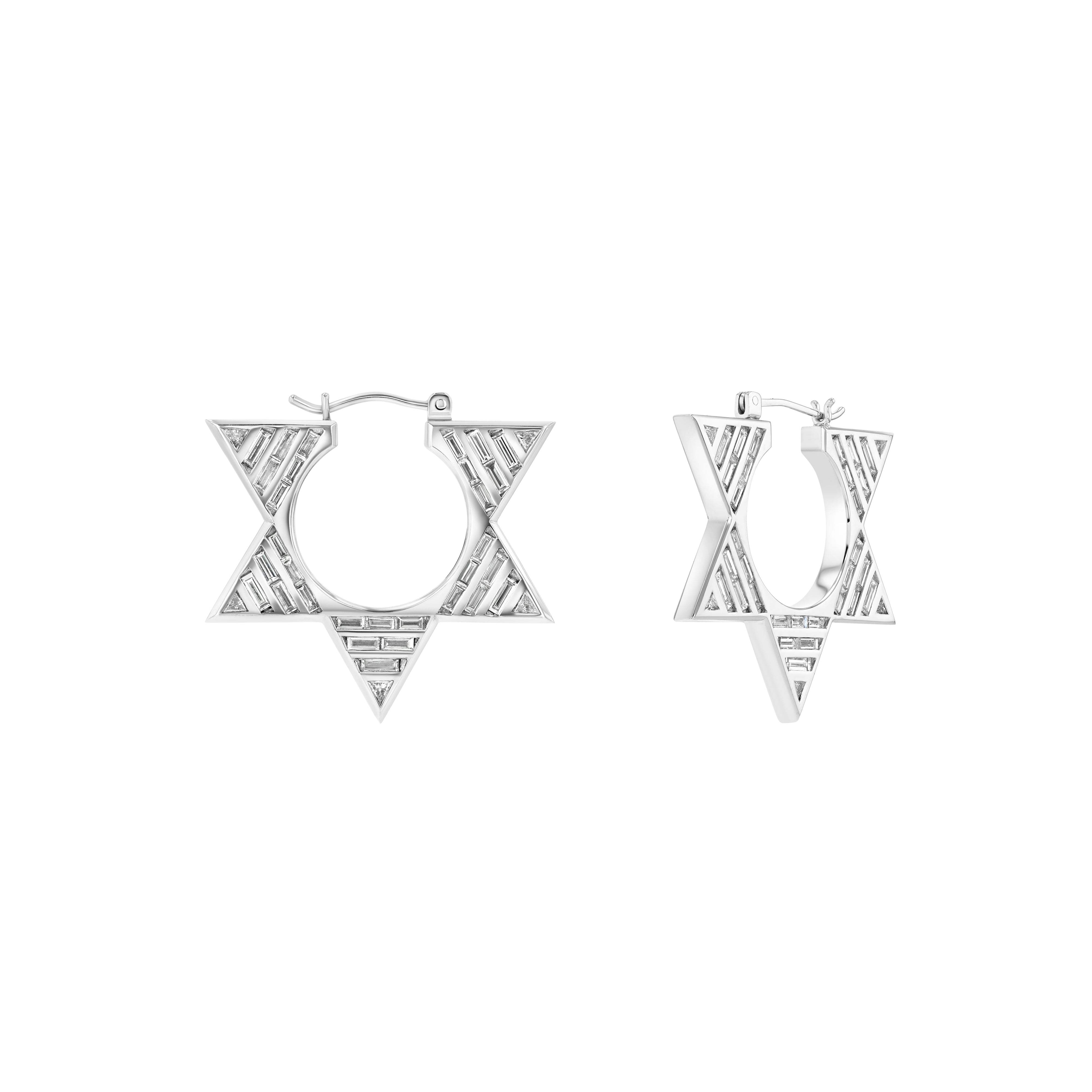 A pair of double-sided hoop earrings with baguette diamonds, handcrafted in 18k white gold.