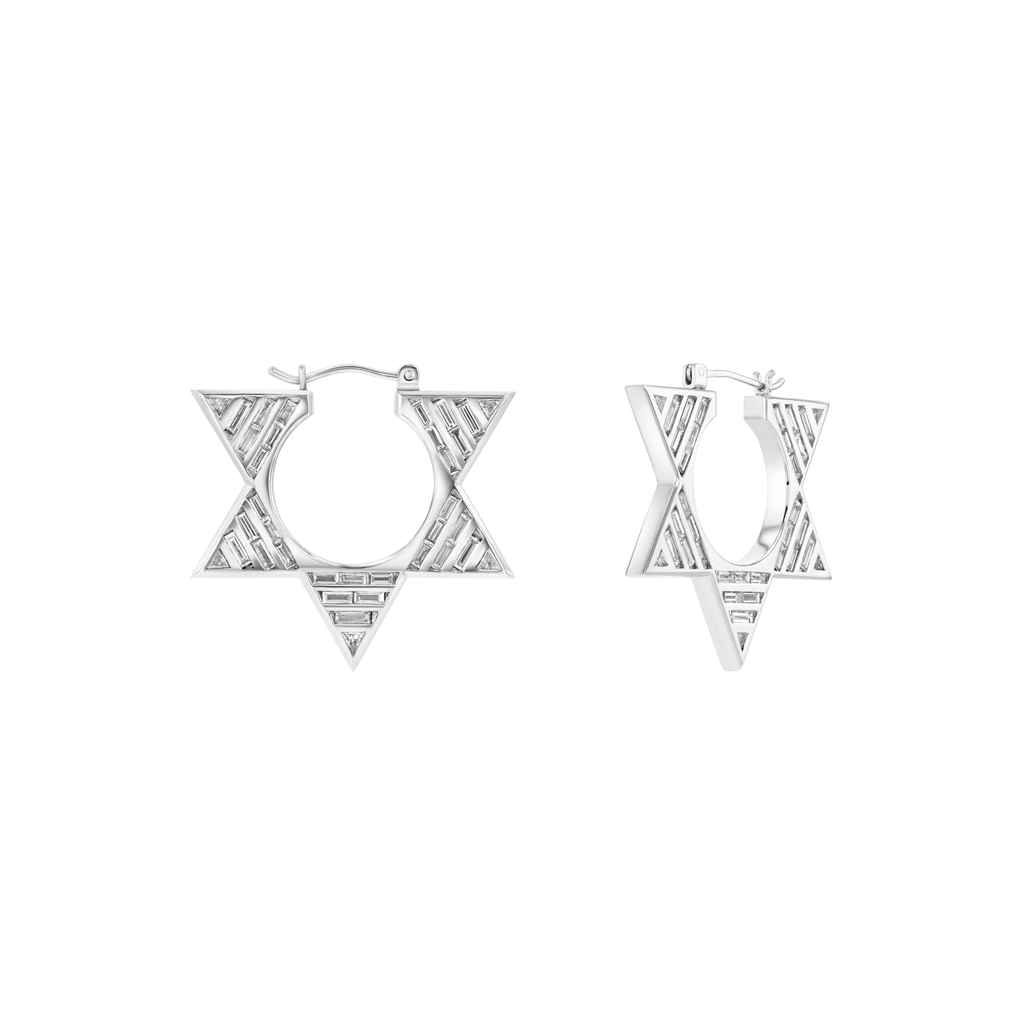 A pair of double-sided hoop earrings with baguette diamonds, handcrafted in 18k white gold.