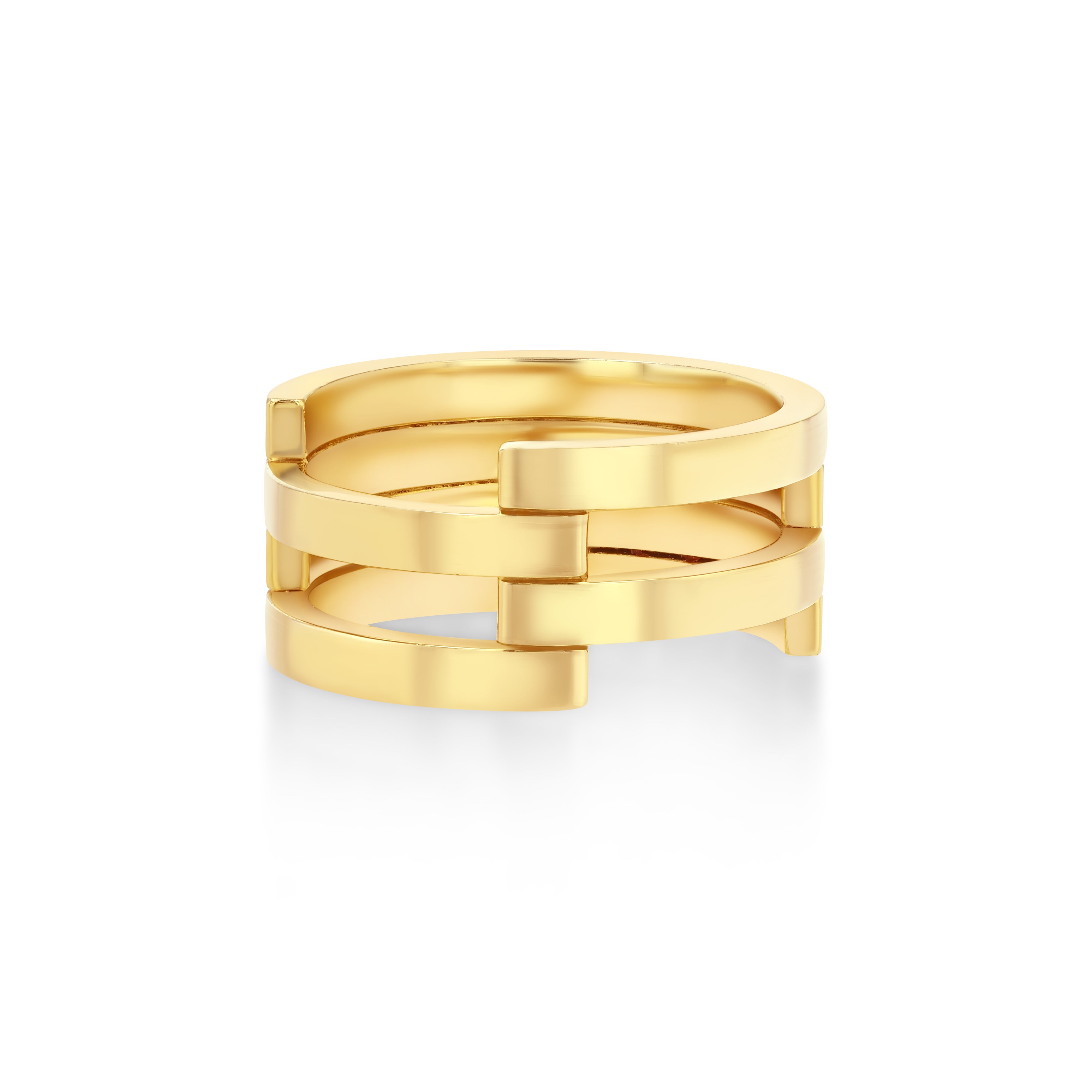 A stacked gold ring with a series of horizontal bands creating a sculptural effect, positioned against a white background.