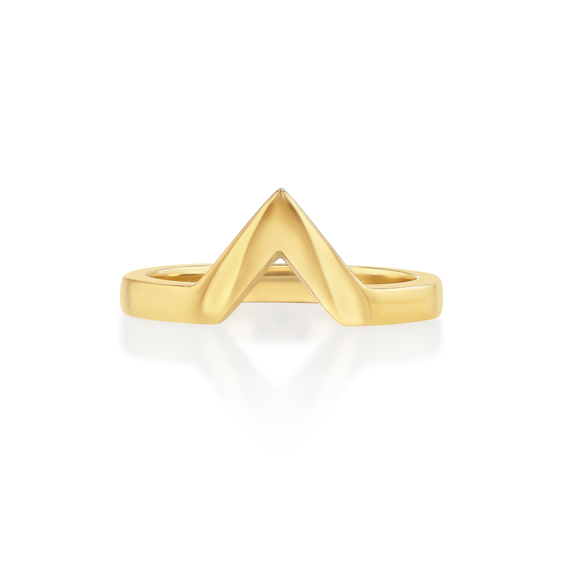 A gold ring with a simple, elegant design placed on a white background