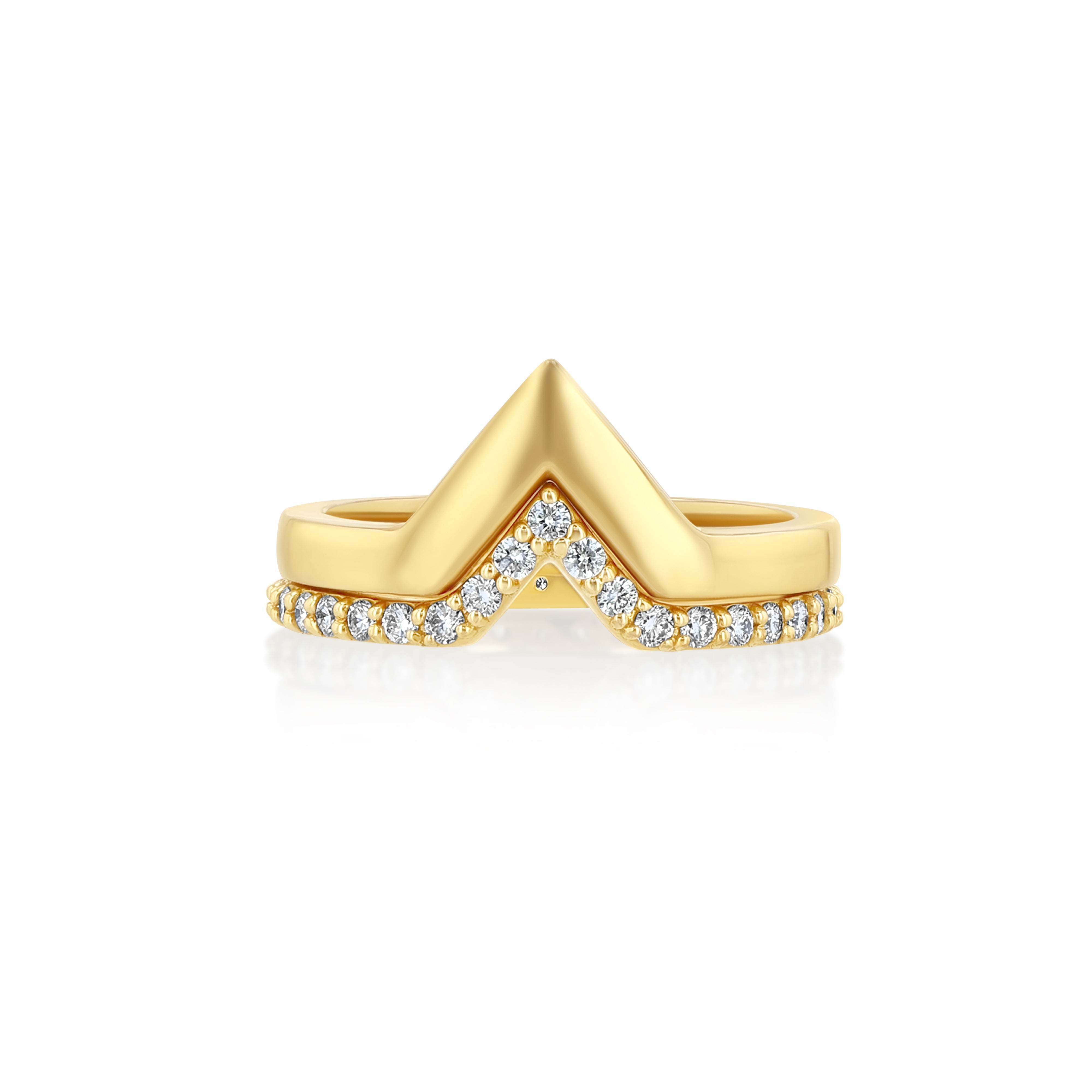 Two 18k gold rings, one with a polished finish and the other studded with pavé diamonds, featuring a chevron-shaped design at the top.