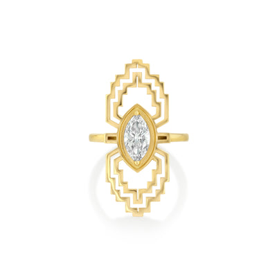 A marquise diamond ring with a maze motif design, set in 18k solid yellow gold.