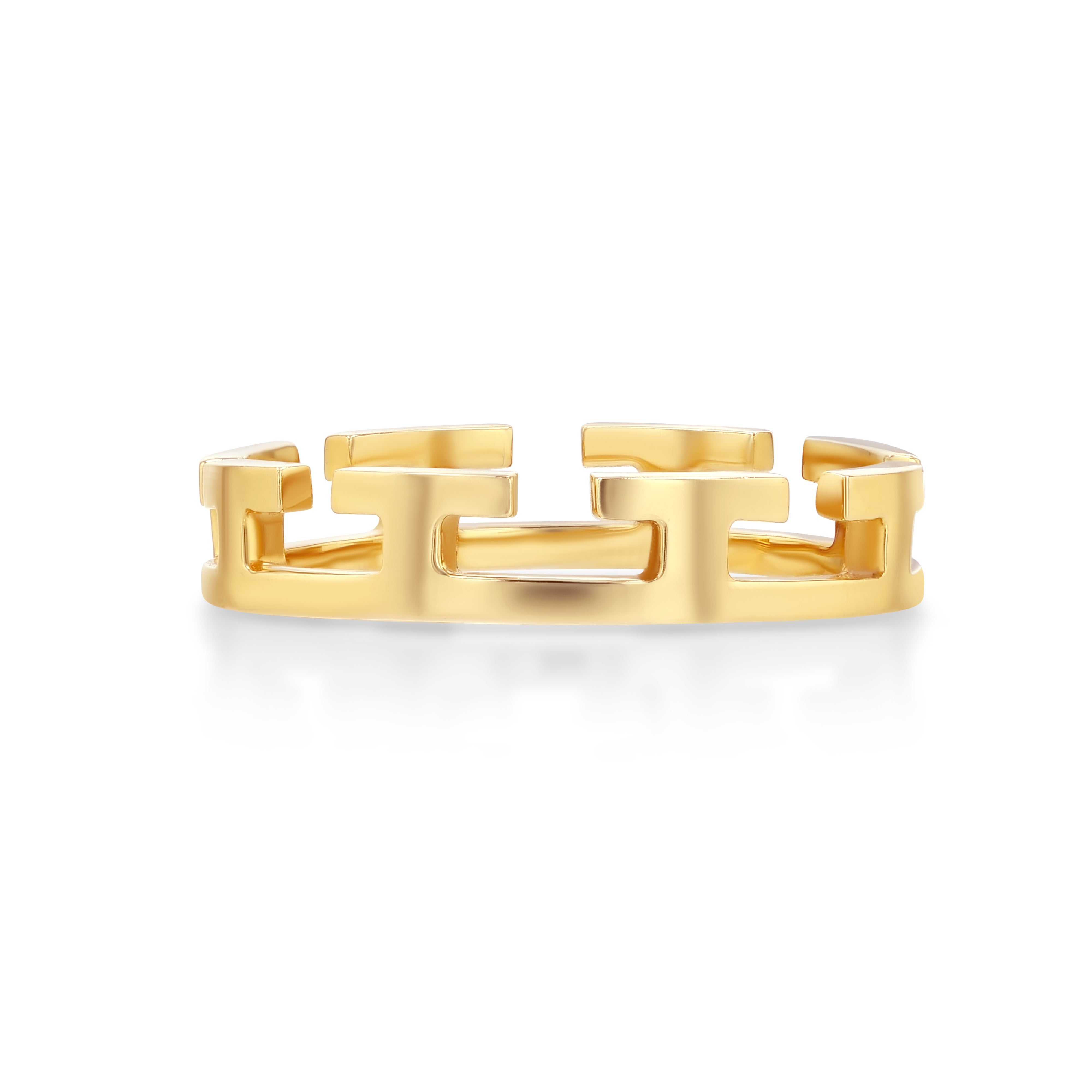 A unisex 18k yellow gold band ring with a geometric pattern of laser-cut shapes creating a negative space design.