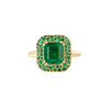 An elegant gold ring featuring a large octagon cut emerald with pave emerald cuts around it and diamond baguette cuts beneath, set against a white background.