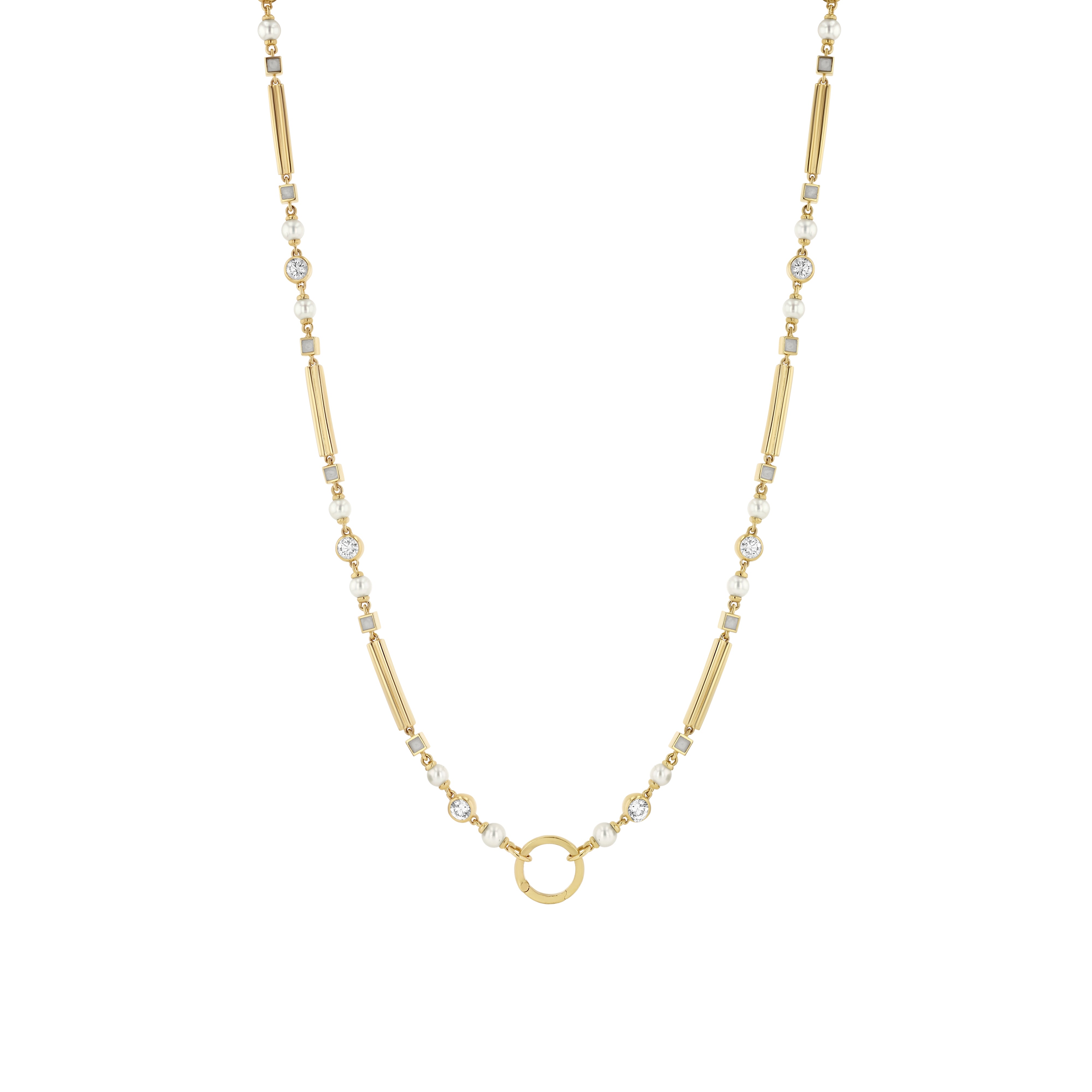 LÖF signature long chain in 18k solid yellow gold with 4 carats of round brilliant diamonds and 41 freshwater pearls made in 18k solid yellow gold