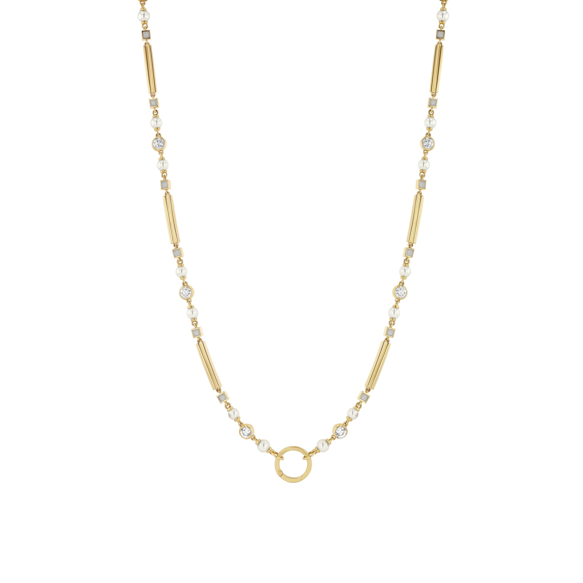 LÖF signature long chain in 18k solid yellow gold with 4 carats of round brilliant diamonds and 41 freshwater pearls made in 18k solid yellow gold