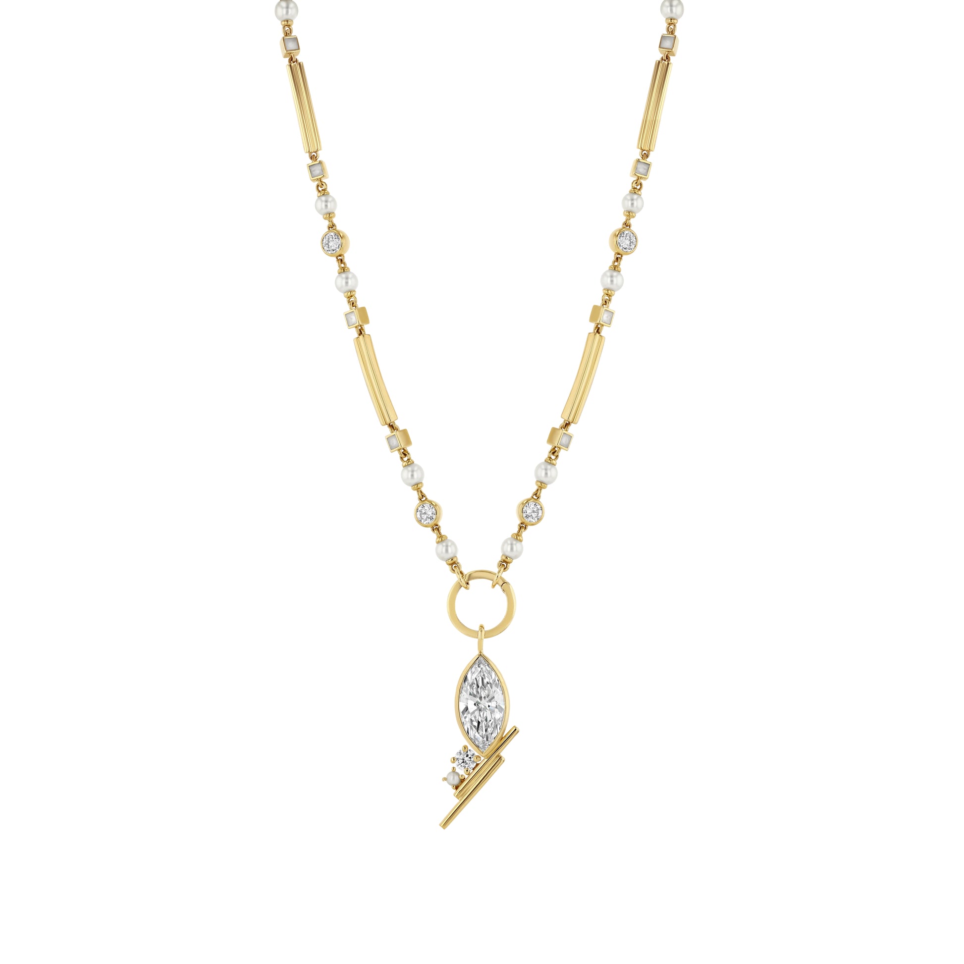LÖF signature long chain in 18k solid yellow gold with 4 carats of round brilliant diamonds and 41 freshwater pearls made in 18k solid yellow gold