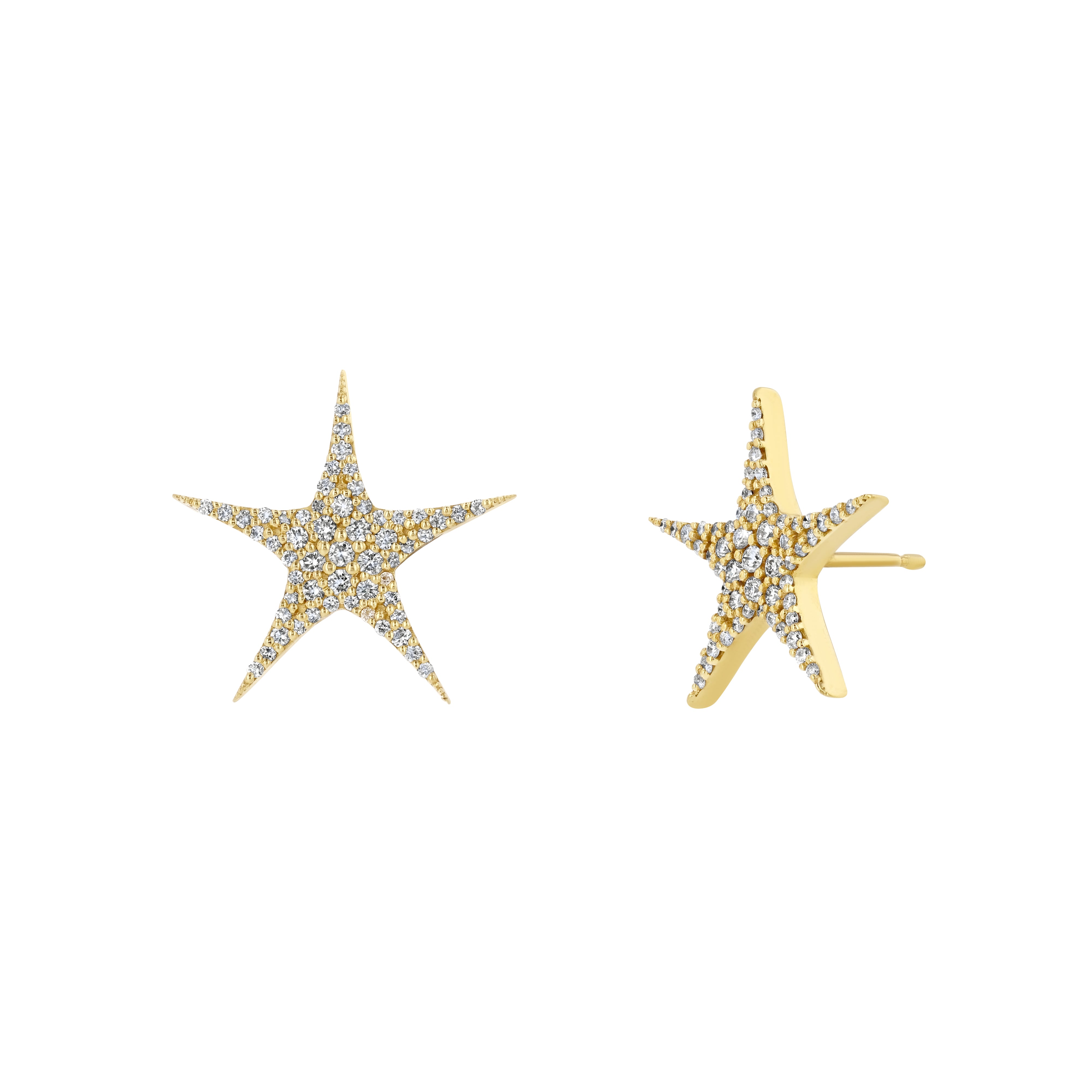 A pair of 18k yellow gold star-shaped earrings with embedded diamonds creating a 'star-burst' effect.