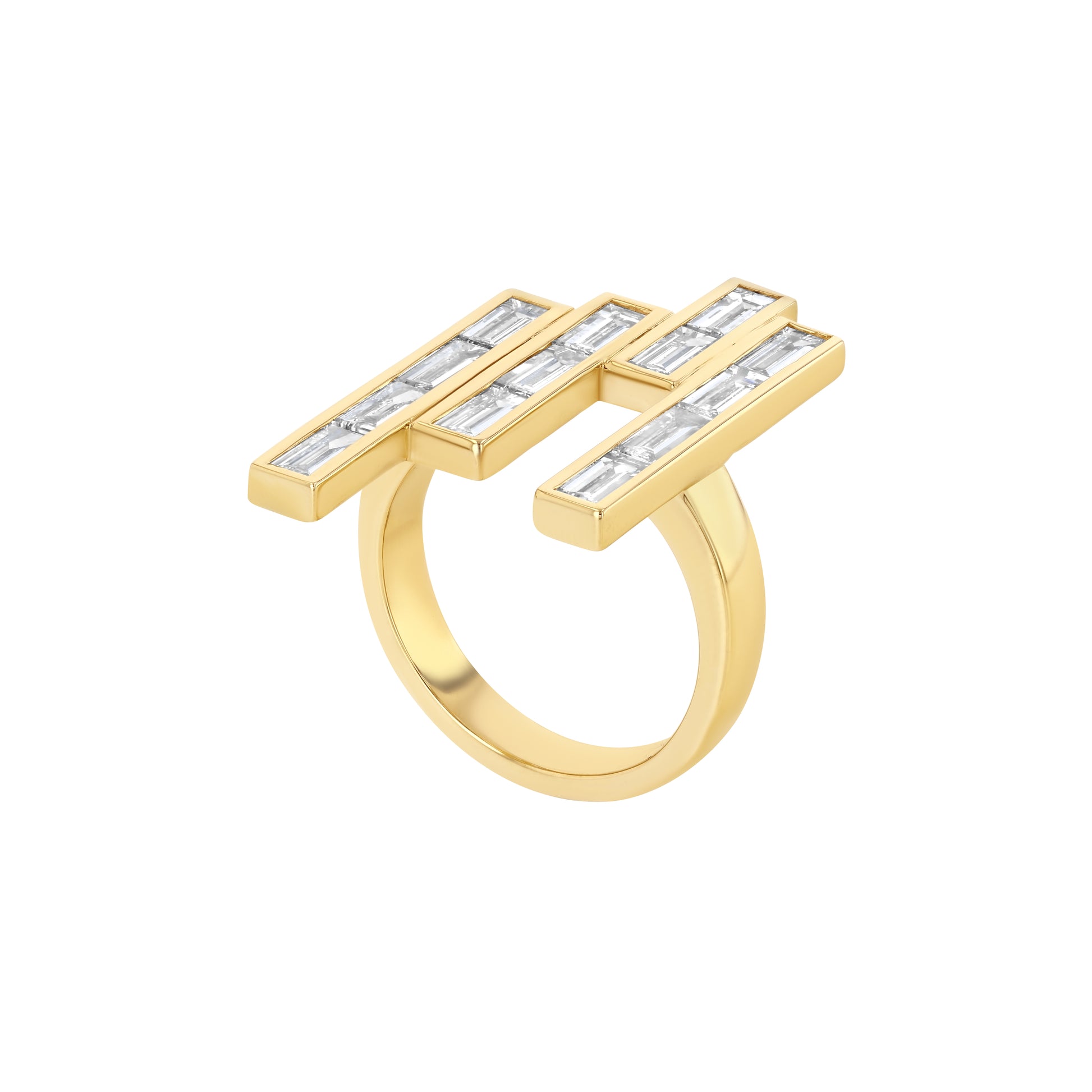 A chunky yet elegant gold ring with multiple baguette cut diamonds