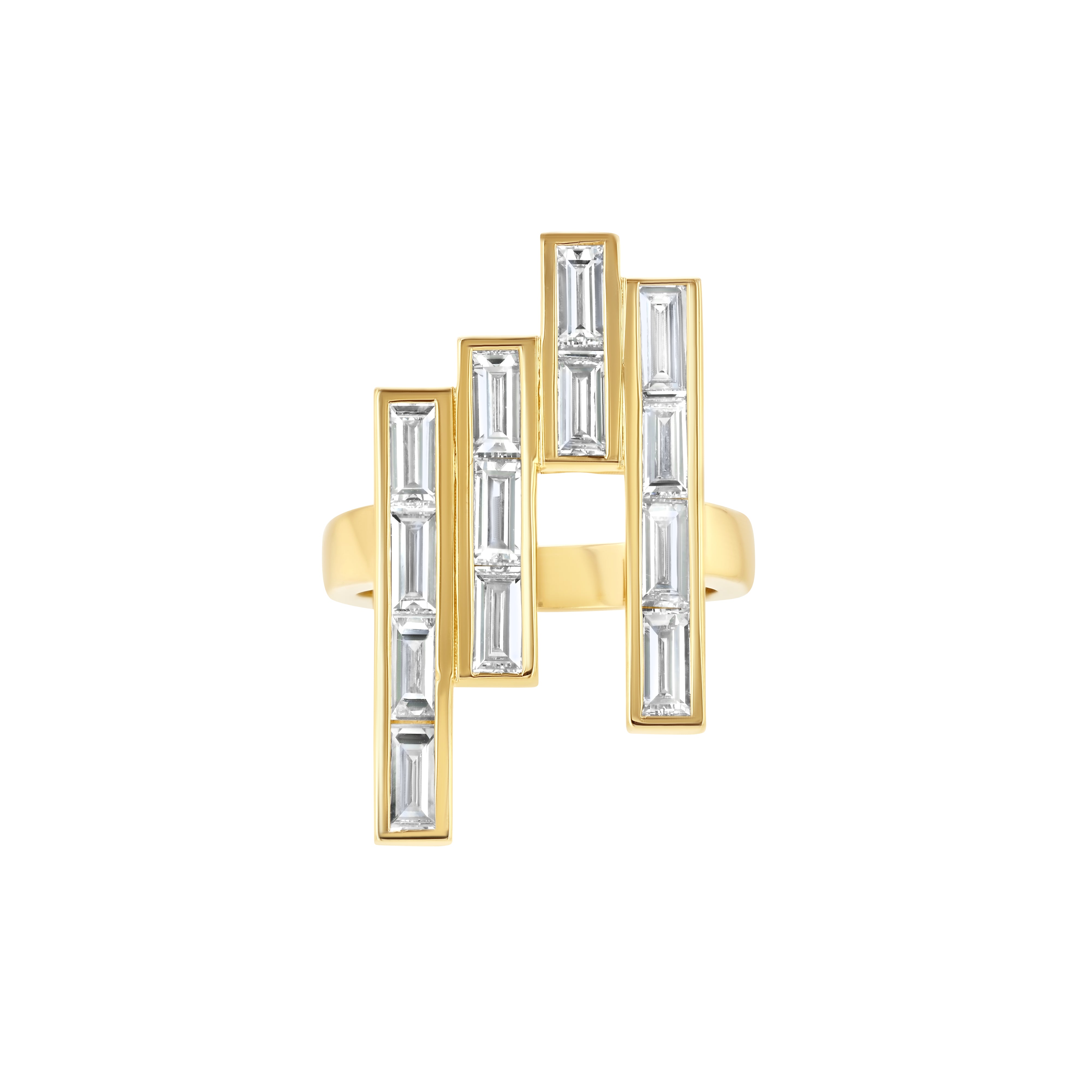A chunky yet elegant gold ring with multiple baguette cut diamonds