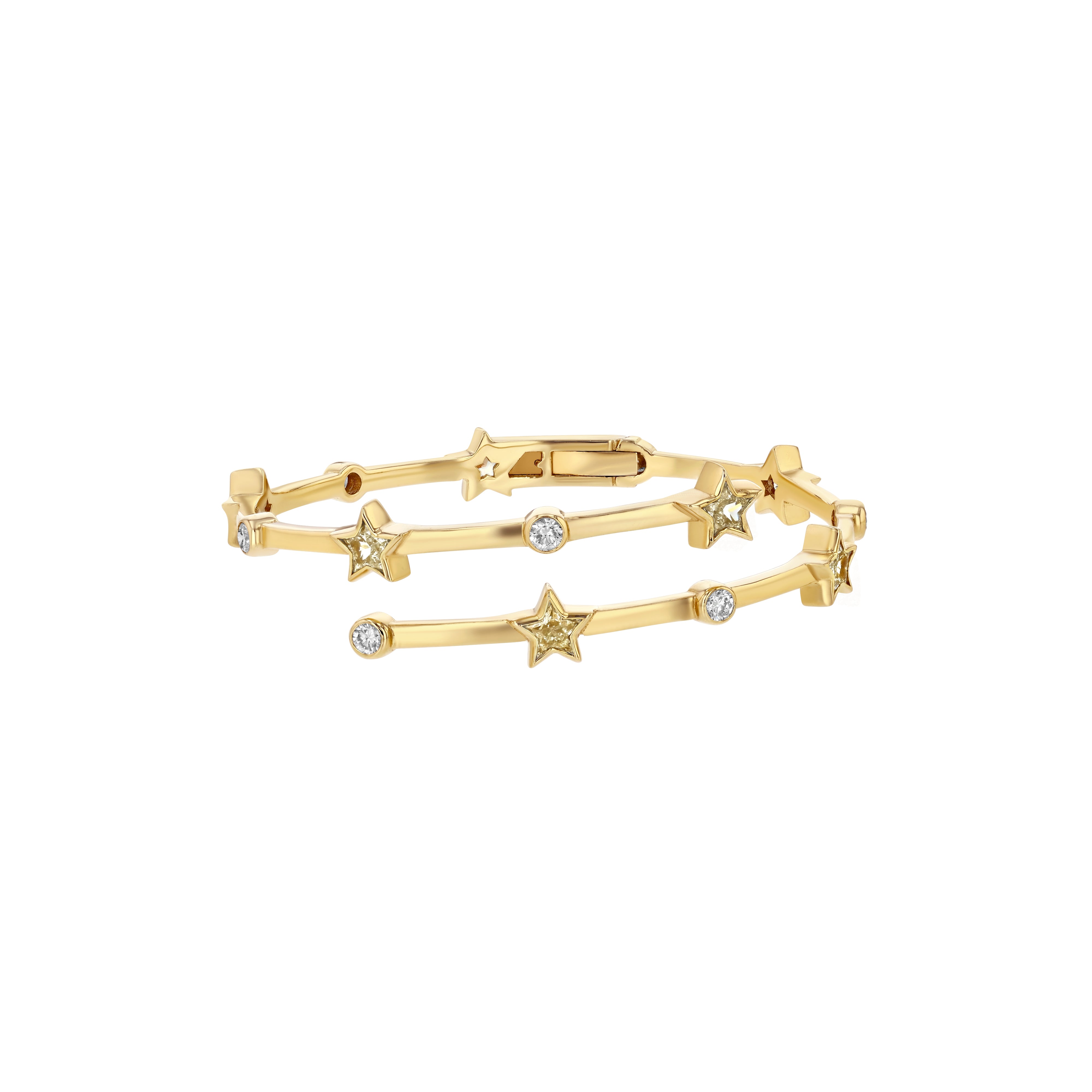 A wrap-around bangle bracelet with a gold color and adorned with star-shaped sapphires
