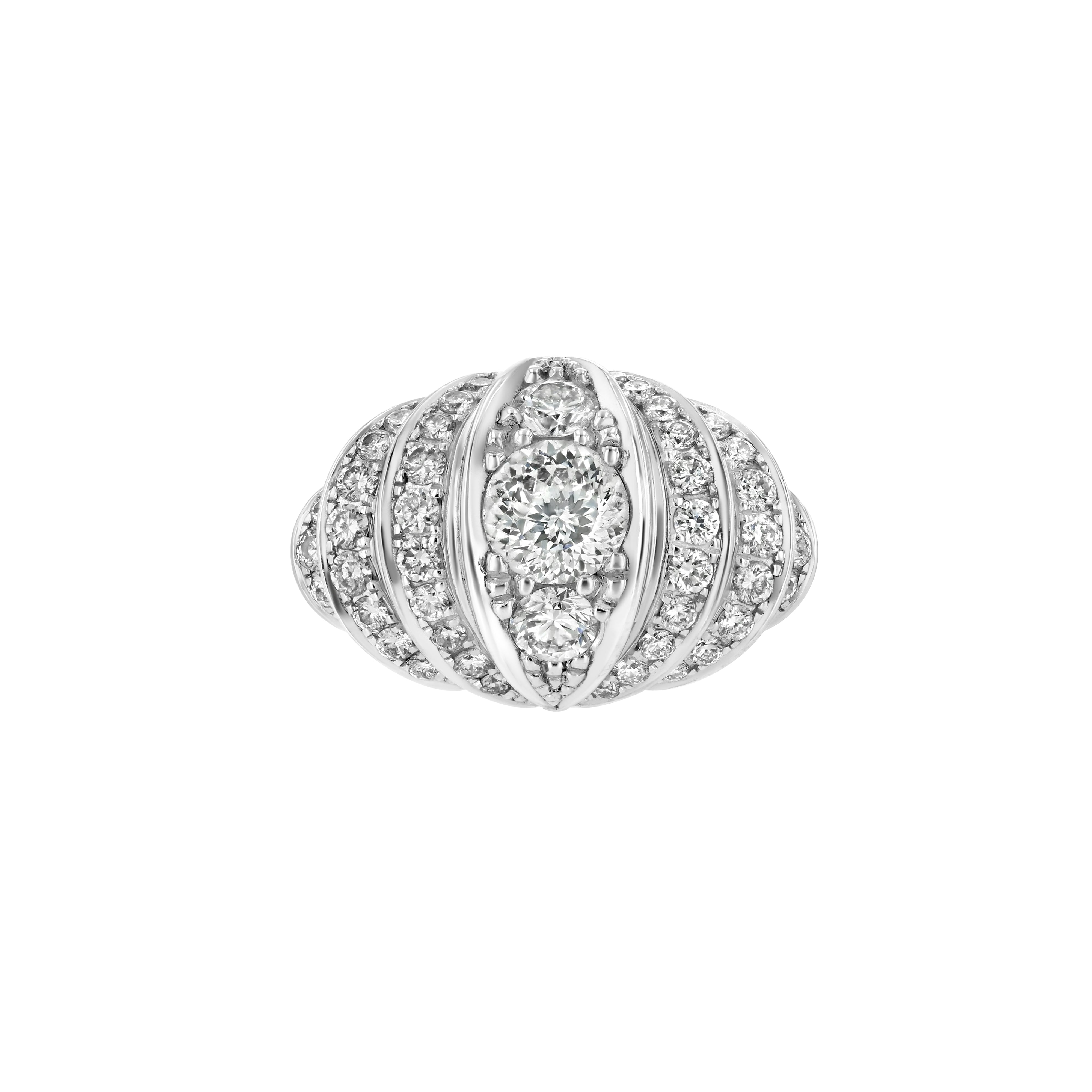 A vintage-style dome-shaped ring with a central diamond surrounded by smaller diamonds set in 18k white gold.