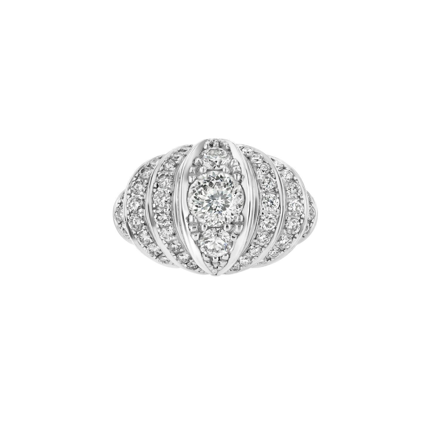 A vintage-style dome-shaped ring with a central diamond surrounded by smaller diamonds set in 18k white gold.