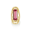 A LÖF gold ring featuring a large green tourmaline stone with a unique swooping band design.