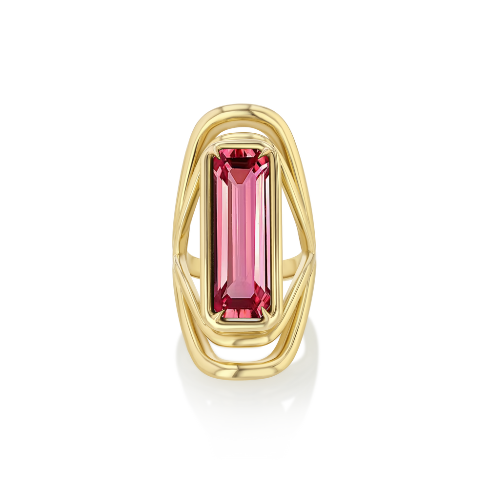 A LÖF gold ring featuring a large green tourmaline stone with a unique swooping band design.