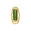 A LÖF gold ring featuring a large green tourmaline stone with a unique swooping band design.