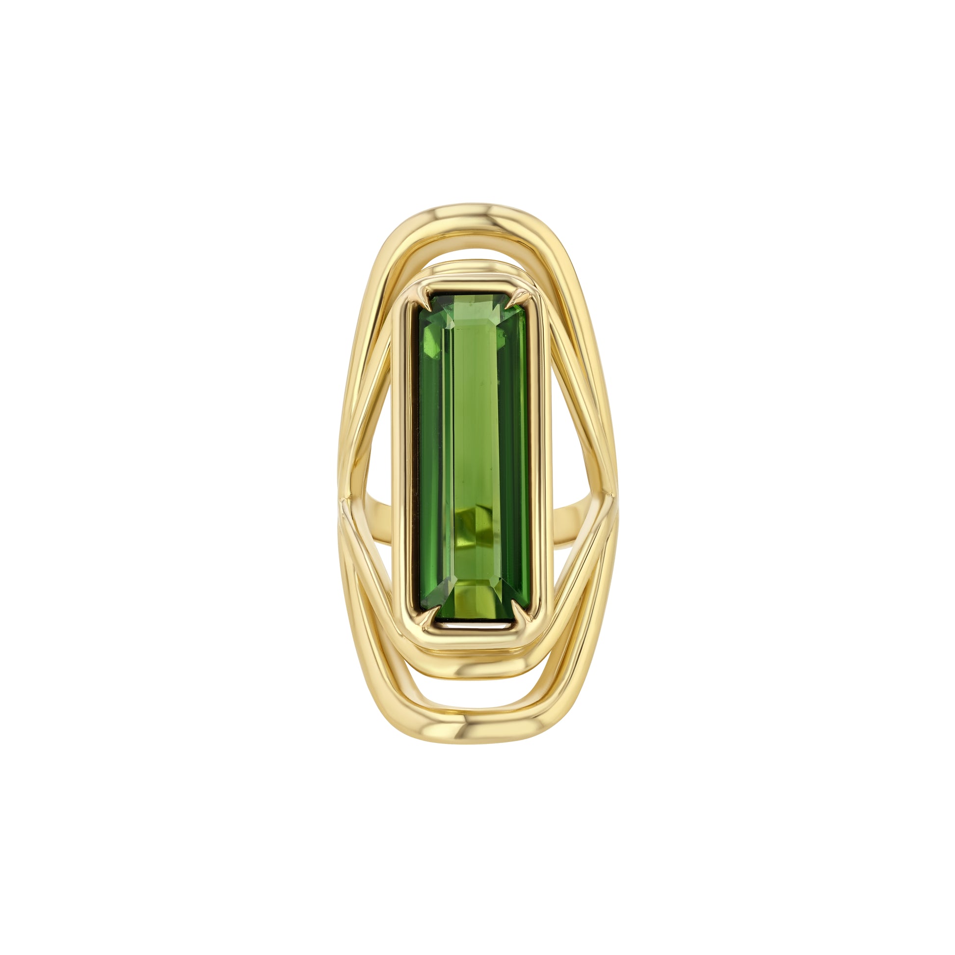 A LÖF gold ring featuring a large green tourmaline stone with a unique swooping band design.