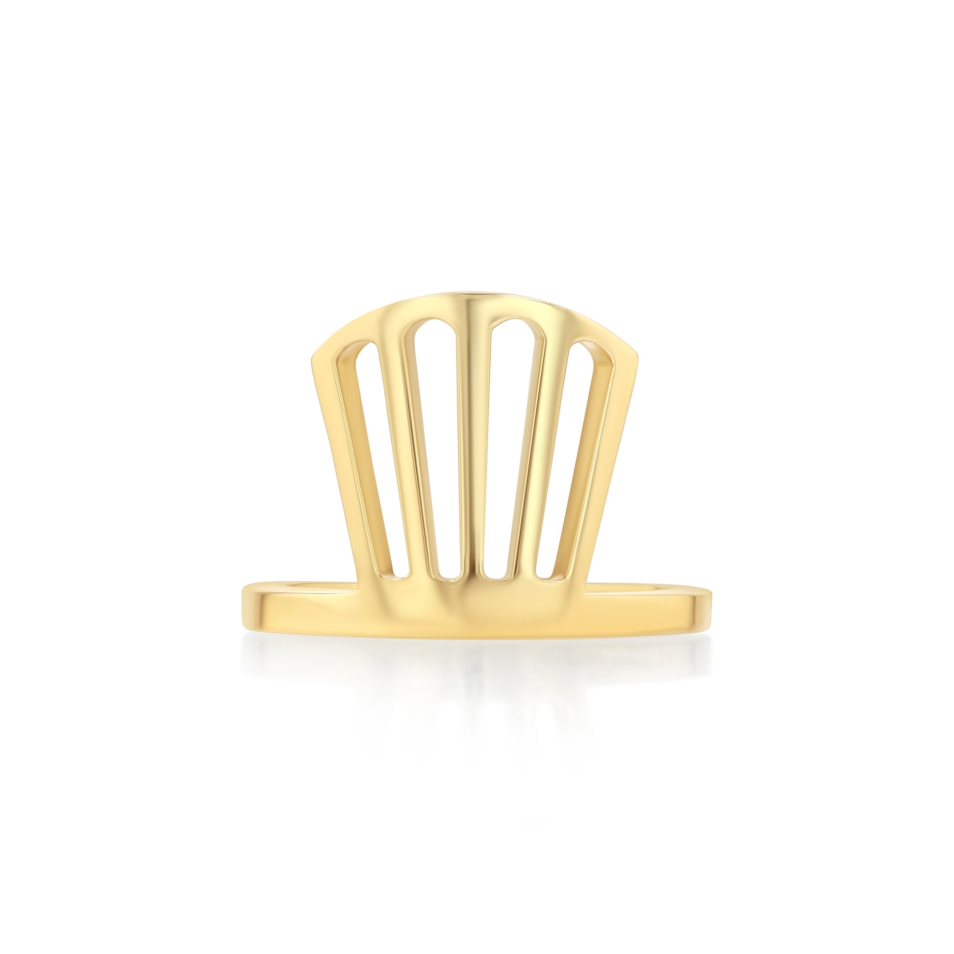 A laser-cut fan-shaped ring made of 18k recycled gold, positioned against a white background.