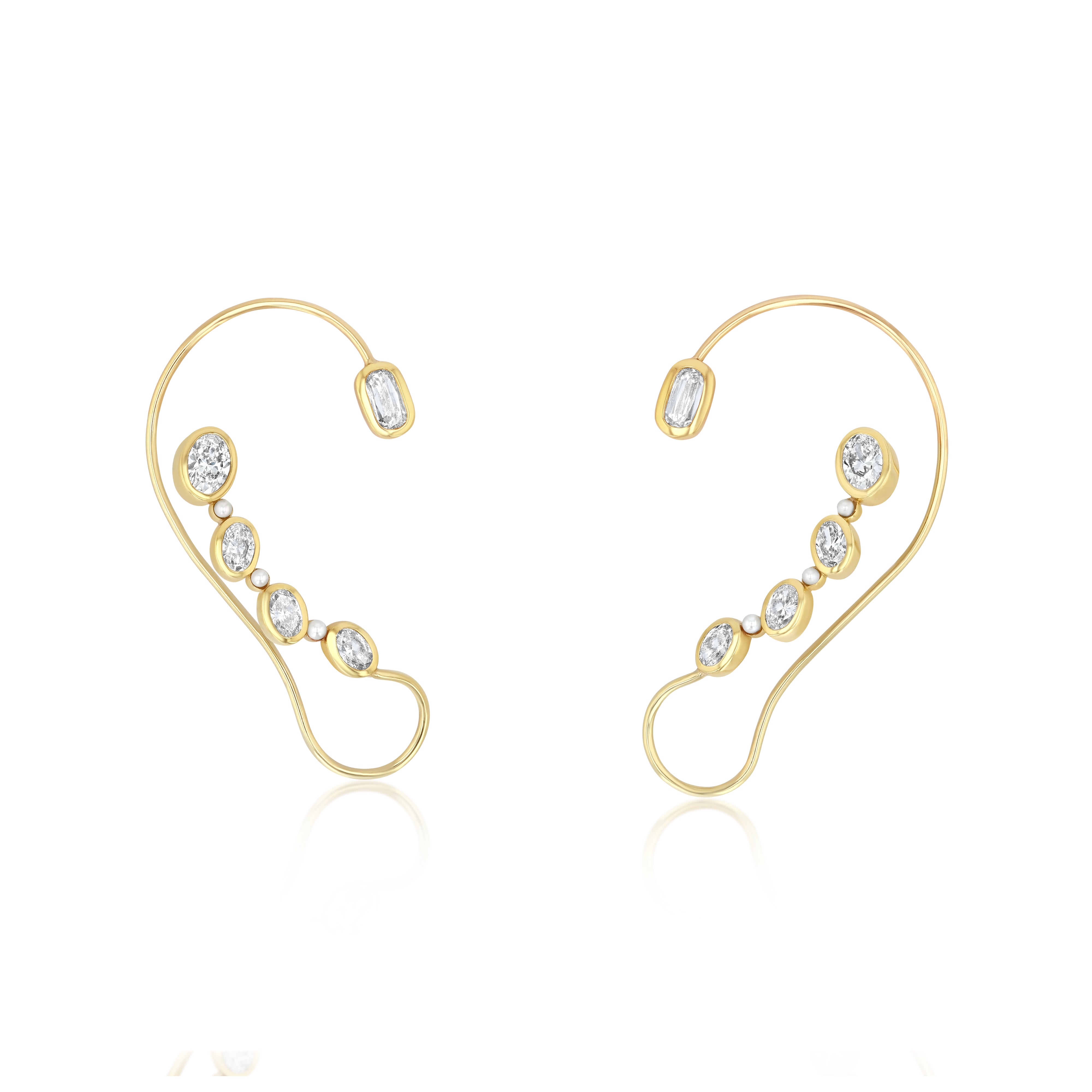 18k gold ear cuffs with oval diamonds and freshwater pearls