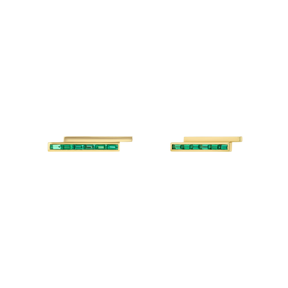 A pair of gold stud earrings with pinstripe bar design set with either diamonds or emeralds.