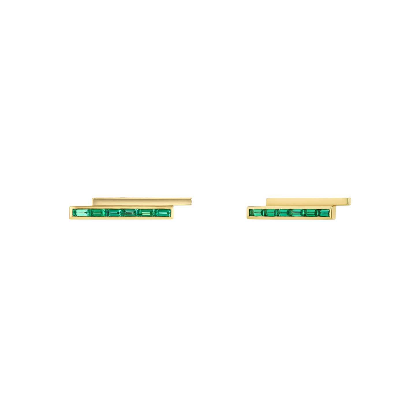 A pair of gold stud earrings with pinstripe bar design set with either diamonds or emeralds.