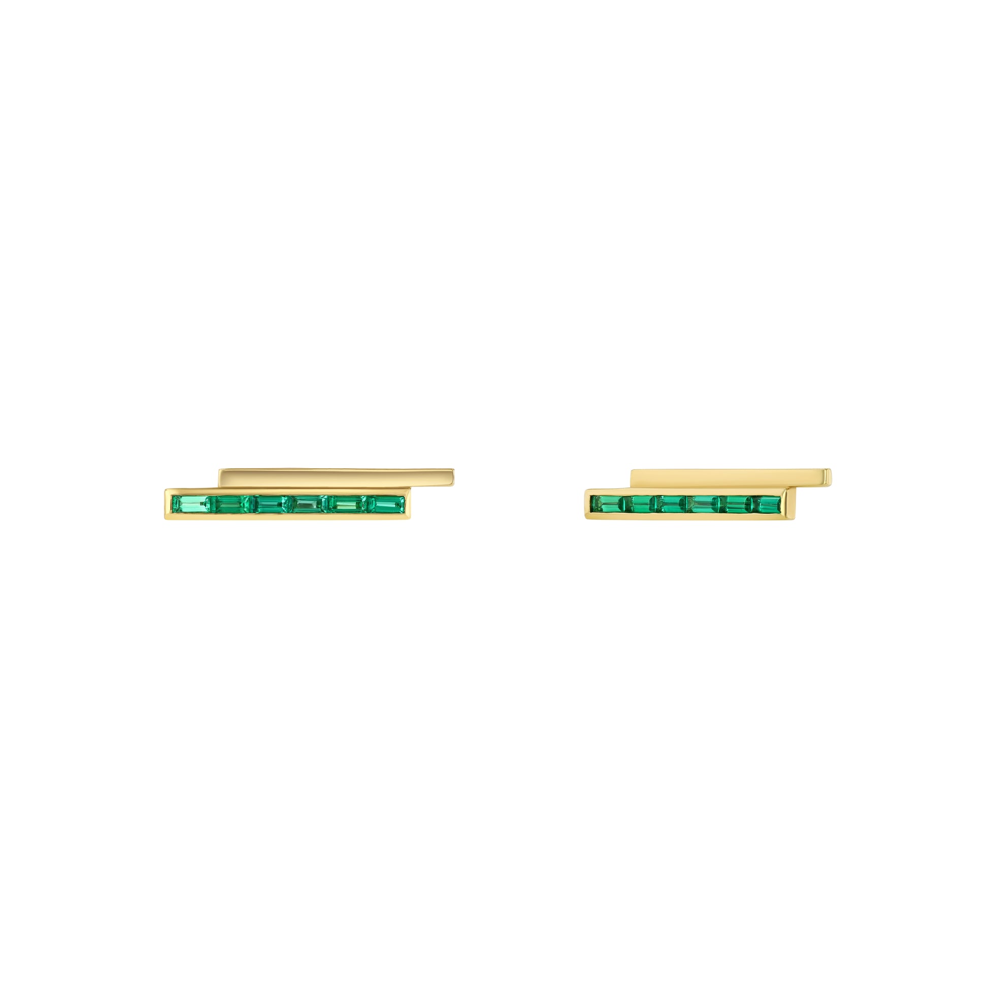 A pair of gold stud earrings with pinstripe bar design set with either diamonds or emeralds.
