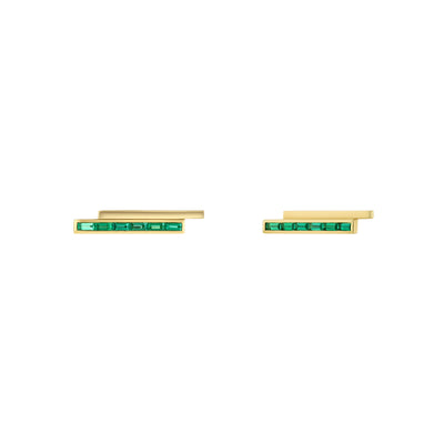 A pair of gold stud earrings with pinstripe bar design set with either diamonds or emeralds.
