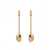 A pair of gold drop earrings with a small oval green gemstone at the end, shown against a plain white background.