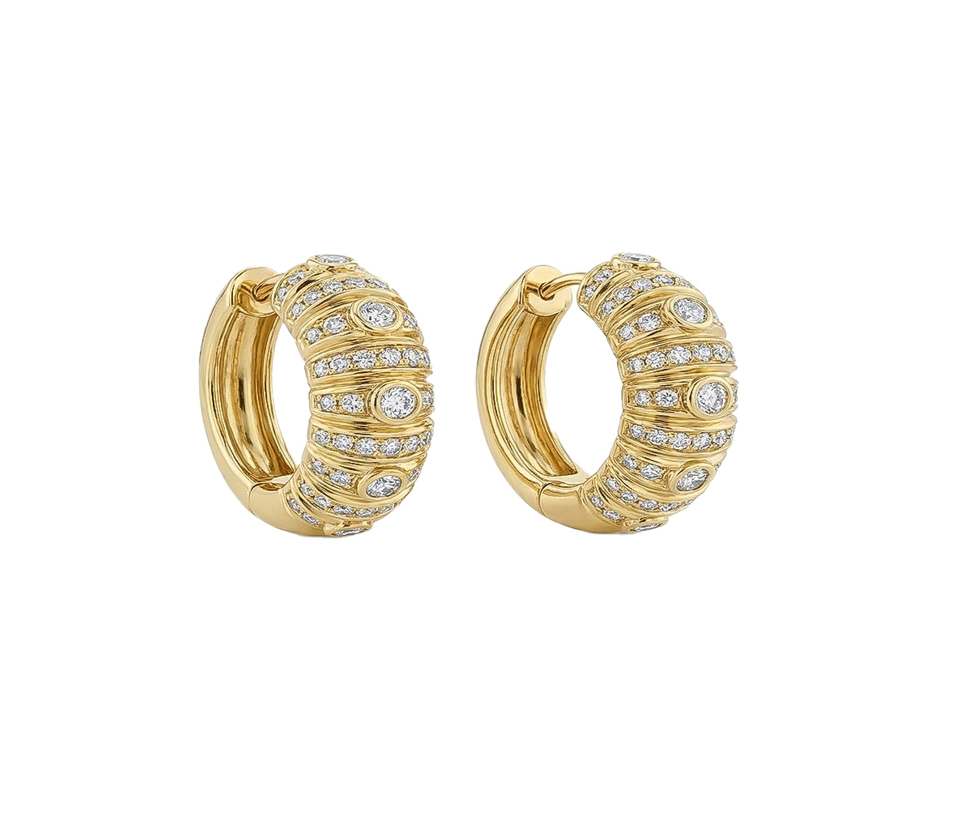 18k gold hoops set with antique diamonds and pave diamonds