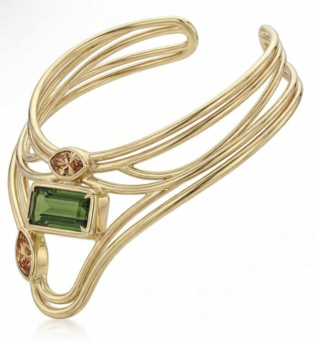 gold necklace set in 18k gold with topaz and tourmaline stones