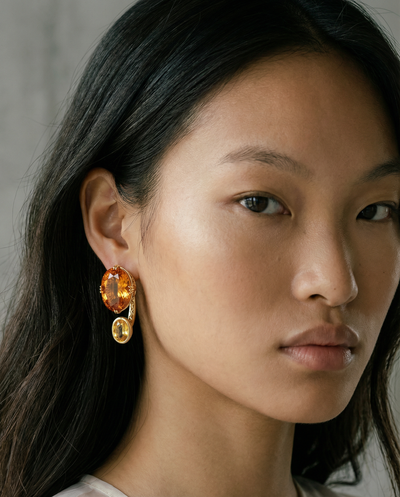 statement earrings half hoop 18k gold earrings with citrine and topaz