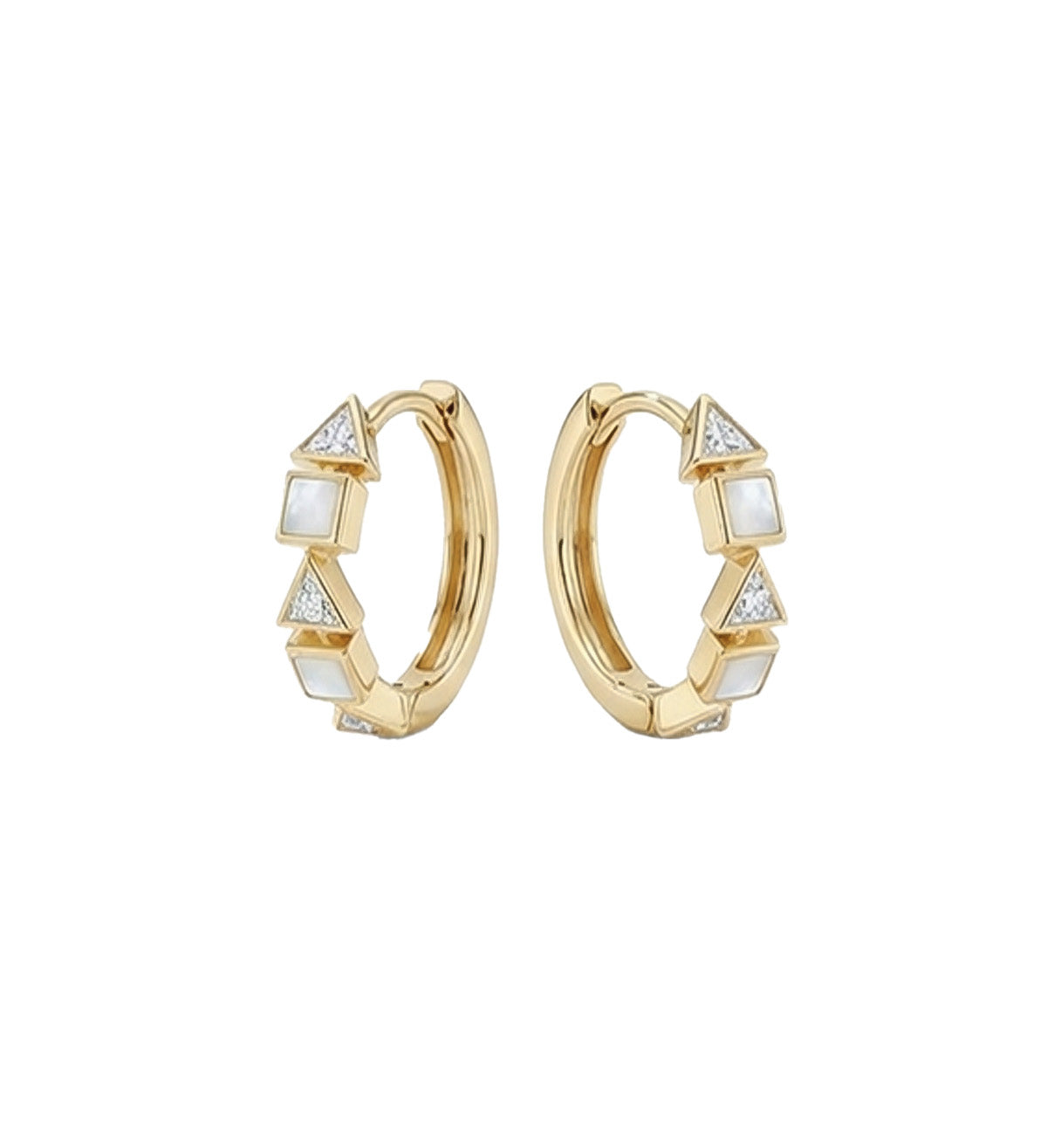 triangle and white enamel 18k gold hoops