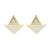 A pair of gold geometric stud earrings featuring a large inverted triangle with a white inlay and a smaller upright triangle on top containing a clear round-cut diamonds, shown on a plain white background.