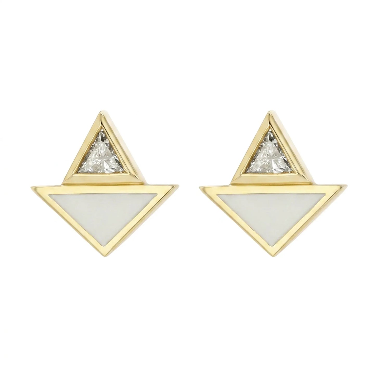 A pair of gold geometric stud earrings featuring a large inverted triangle with a white inlay and a smaller upright triangle on top containing a clear round-cut diamonds, shown on a plain white background.