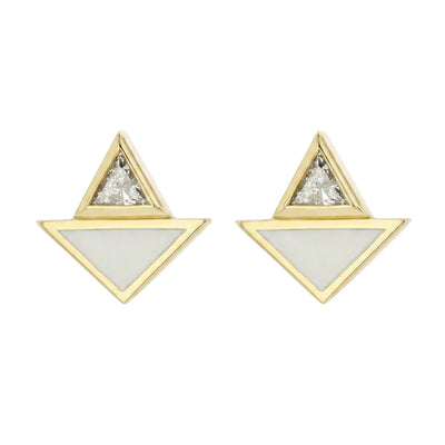 A pair of gold geometric stud earrings featuring a large inverted triangle with a white inlay and a smaller upright triangle on top containing a clear round-cut diamonds, shown on a plain white background.